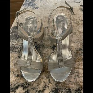 Silver ribbon & rhinestone heels. Size 8
